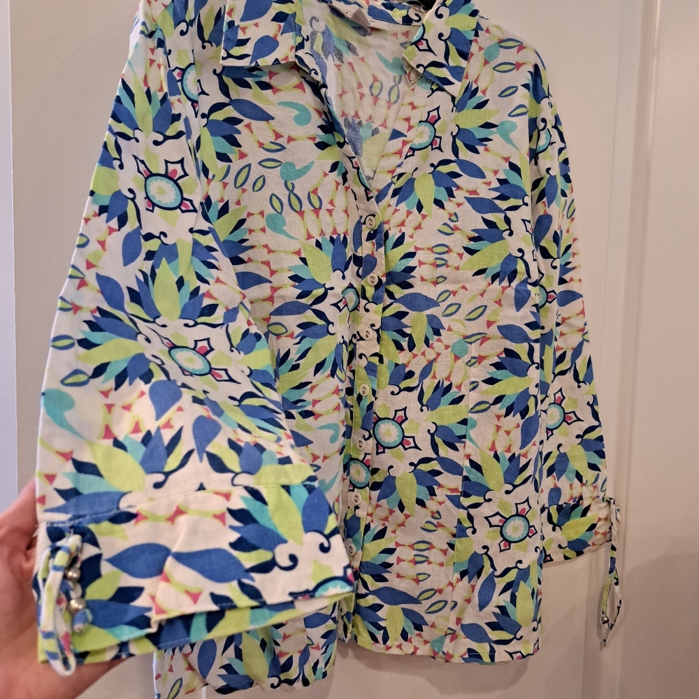 JM collection 100% Linen floral top shirt button down size 12 - Picture 5 of 15